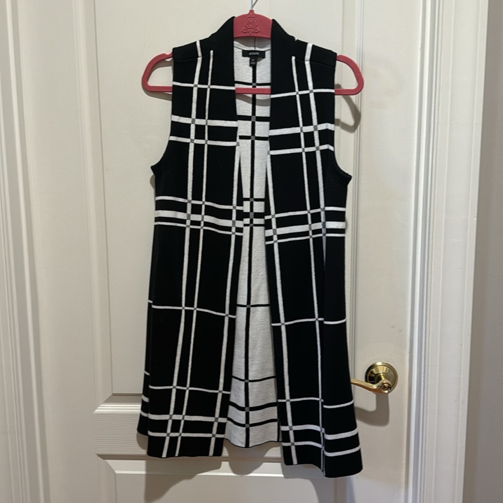 ALFANI Plaid Open-Front Sweater Vest Black Ivory PS SP Petite Small NWOT $80